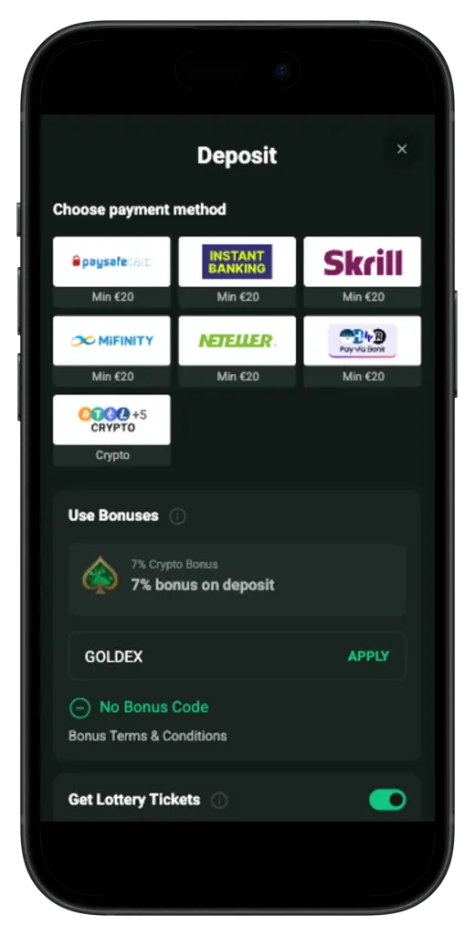 Enter code bonus on Goldex Casino