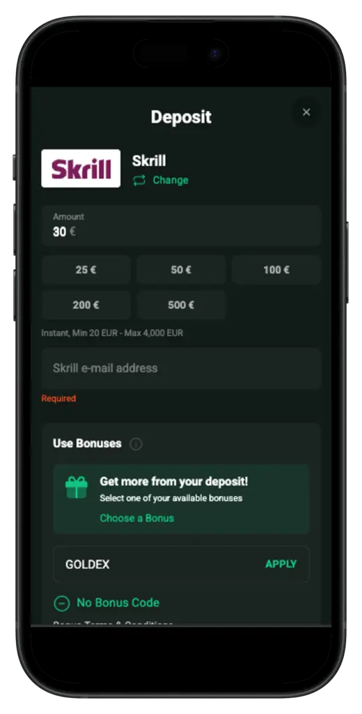 Make a deposit on Goldex Casino