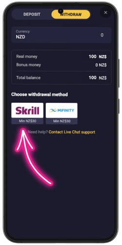 Choosing a withdrawal method in the cashier