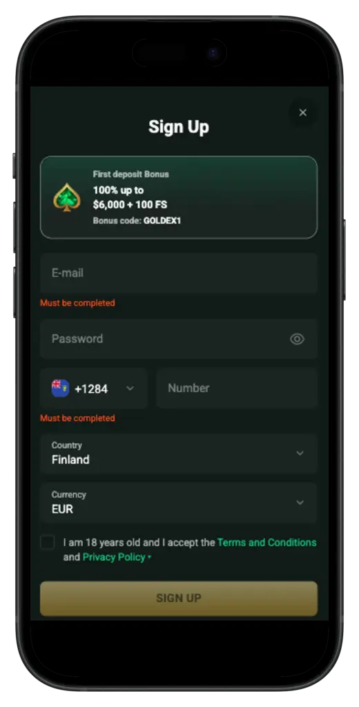 Sign up on Goldex Casino